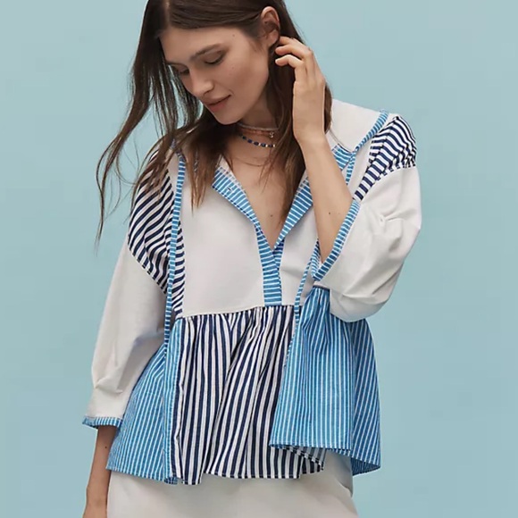 By Anthropologie Blue and White Striped Swing Top Ladies Large‎ NWT - Picture 8 of 8